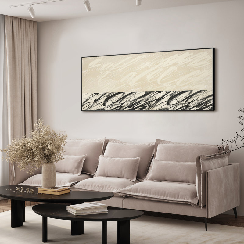 Très grande reproduction d'art moderne abstrait calligraphie moderne - noir et beige d'inspiration script d'inspiration contemporaine, décor neutre pour le salon ou la chambre à coucher, assemblage requis