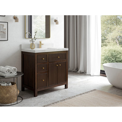 Teck de 36 po Sonoma X P 22 po Meuble-lavabo central en noyer foncé avec quartz Cove Edge
