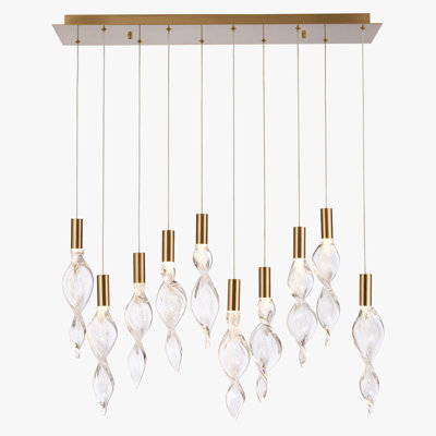 50 inch Cosper Linear Pendant in Natural Brass With Clear hand-formed corkscrew glass
