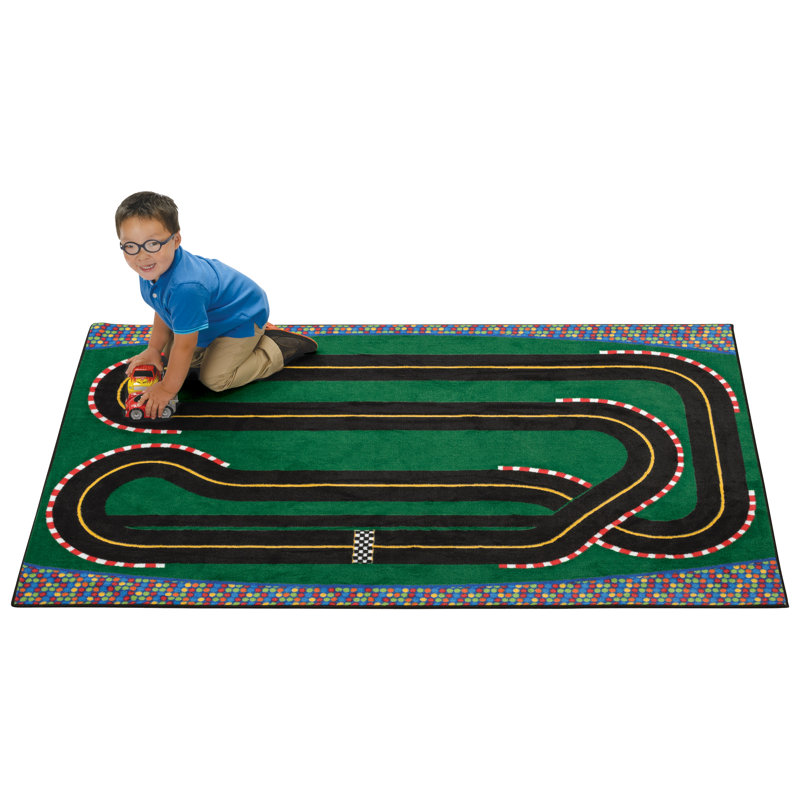 Super Speedway Racetrack Playroom KID$ Value Rugs™ Tufted Green Area Rug, Rectangle 3' x 4'6"