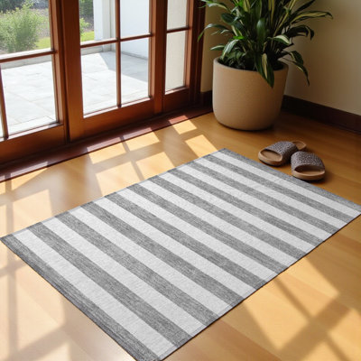 Washable Non-Skid Gray & White Striped Indoor Outdoor Area Rug –Machine-Washable, Durable, Rectangle Design Classic Rugs
