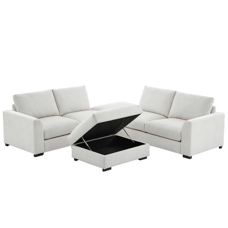 6-piece Wide Arm Multi-shape Upholstered Modular Sofa Cloud couch with Double Reversible Storage Ottoman, White Linen