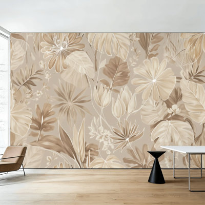 Papier peint adhésif beige à motif floral botanique complexe rétro H 100 po x l 144 po amovible en PVC adhésif mural pour chambre à coucher, bureau à domicile
