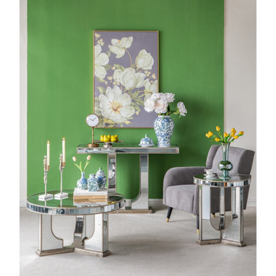 Table miroir argentée avec décoration florale exquise, 71 x 39,5 x 31,5 motifs de salle à manger réalistes, argent