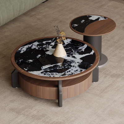 Ensemble de tables basses gigognes noyer et marbre noir