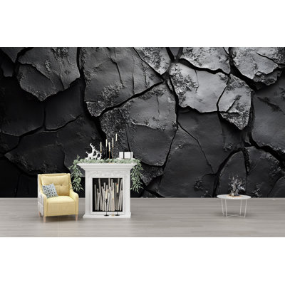 Papier peint Cracked Rock - texture de pierre foncée avec des fractures profondes, conception de surface 3D robuste, fond dramatique pour un style industriel