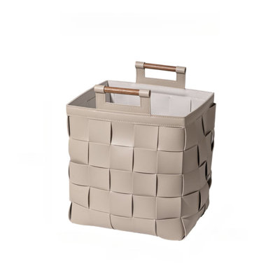 French Luxury Style Laundry Hamper - Handwoven Leather Storage Basket With Large Capacity, Solid Wood Handles, Waterproof And Stain-Resistant For Home Organization，Cream Color