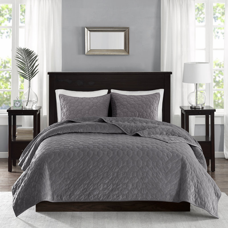 Ensemble de courtepointe 3 pièces en velours, Gris, Courtepointe double et 2 taies décoratives standa