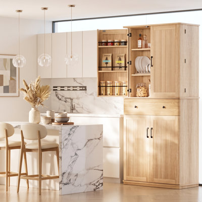 Kitchen Pantry Cabinet, 72" Tall Kitchen Storage Cabinet With Fluted Doors And Large Drawer, Freestanding Buffet Sideboard With Adjustable Shelves And Anti-fall Bars, Coffee Bar Station For Kitchen, Dining Room, Oak