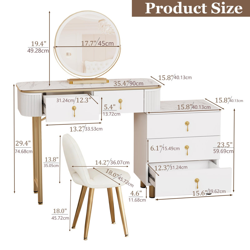 Ce bureau de maquillage avec miroir et lumières comprend également un élégant tabouret de coiffeuse assorti., Blanc