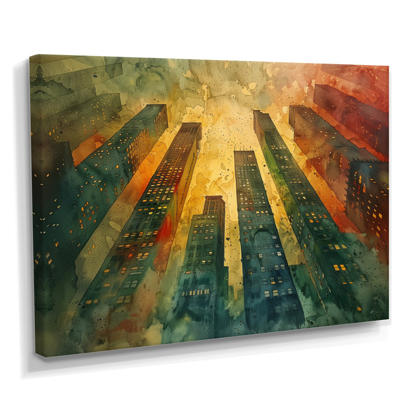 Vert, rouge, urbain, rétro, gratte-ciel III, impression d'art mural gratte-ciel, Toile tendue, H 12 po x l 20 po x P 1 po