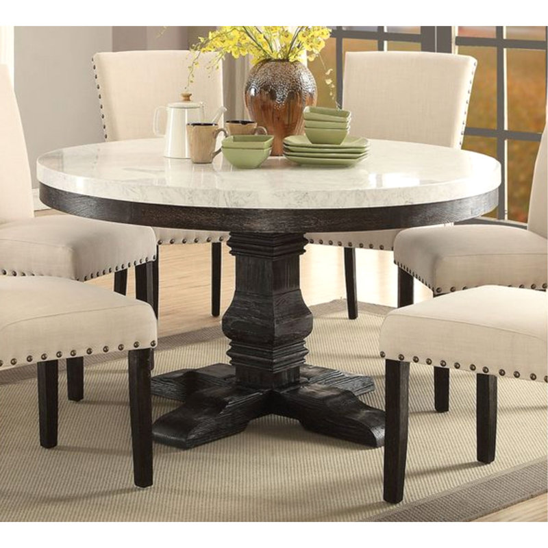 Exquisite Round Dining Table With Marble Top And Distressed Oak Base