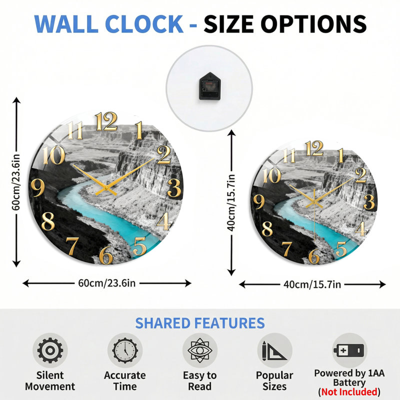 Horloge murale en verre Canyon River, 60 x 60 cm (23,6 x 23,6 pouces)