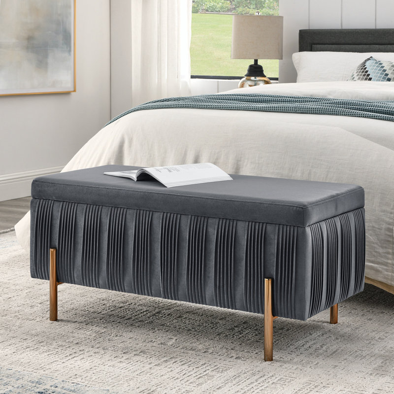 Banc de rangement en velours avec placage en bois de cèdre, gris