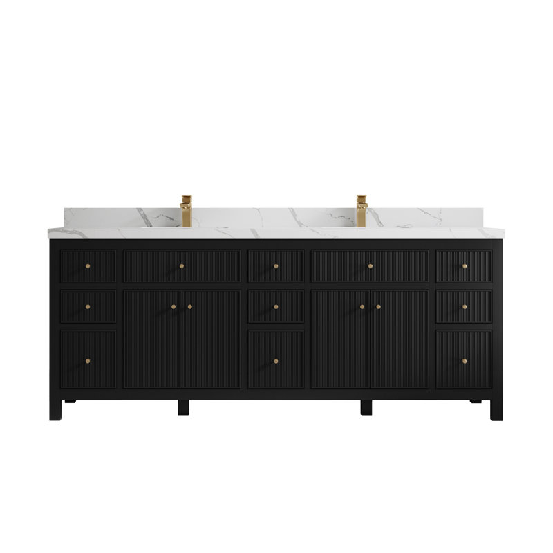 84'' Double Bathroom Vanity with Top, Black, Calacatta Laza Quartz White