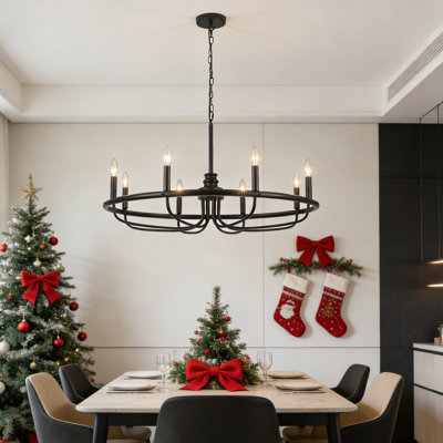  Annasha 8 - Light Black Dimmable Candle Style Round Wagon Wheel Chandelier, Industrial Dining Room Chandelier Modern Kitchen Lighting-33.86"W x 78.74"H