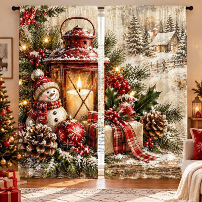 Ensemble de 2 rideaux imprimés motif paysage d'hiver féerique avec lanternes, bonhommes de neige et cadeaux, décoration festive, occultants, préservant l'intimité, à œillets, lavables à la machine, pour salon, chambre, balcon ou cuisine