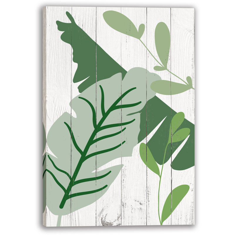 Abstrait, feuille verte et dessin au trait sur toile de bois rustique, H 12 po x l 16 po