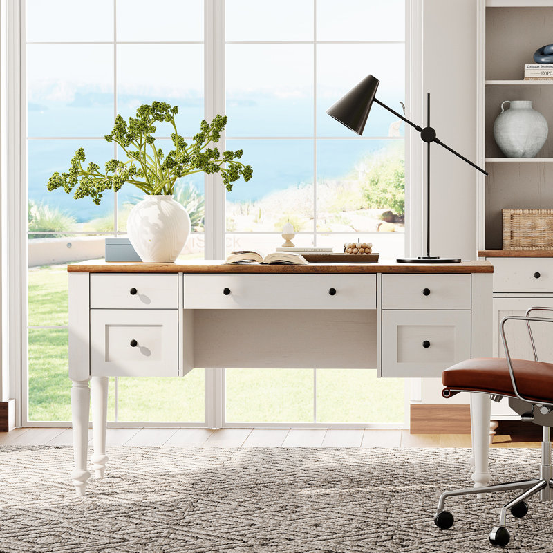 Scarlett Farmhouse 56'' Executive Desk With 5 Drawers, Home Office Desks With Charging Station, Wood Computer Desk With Rear Storage Compartment Design, Writing Desk For Work And Study
