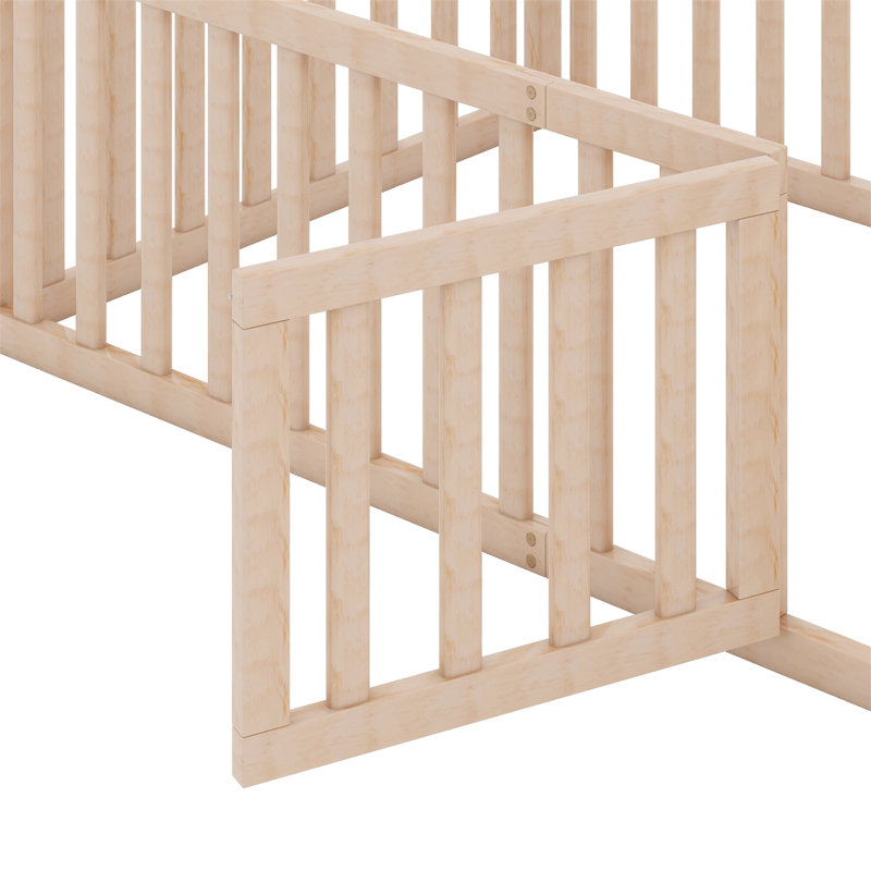 Structure de lit en bois avec clôture et porte, Lit simple, Naturel