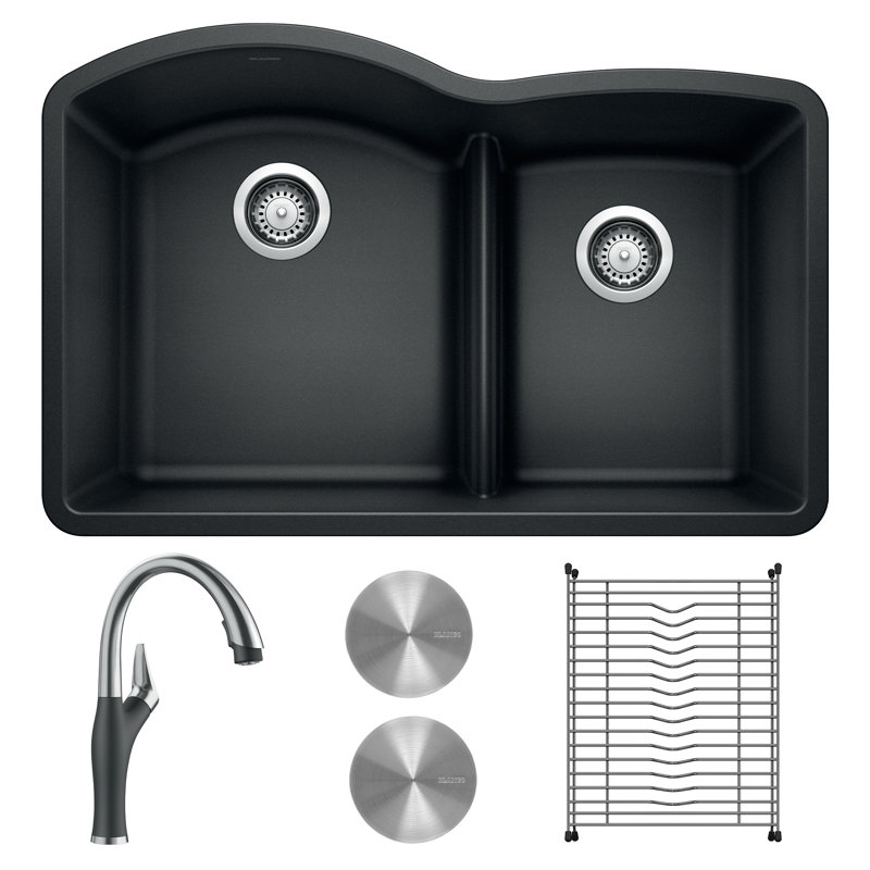Évier de cuisine à double cuve encastrée avec robinet et crépines Diamond L 32 po x l 21 po, Anthracite