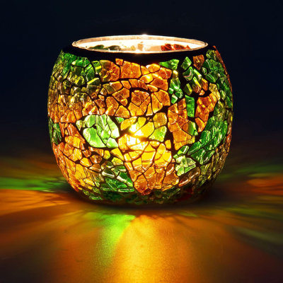 Orange Green Mosaic Glass Votive Candle Holder