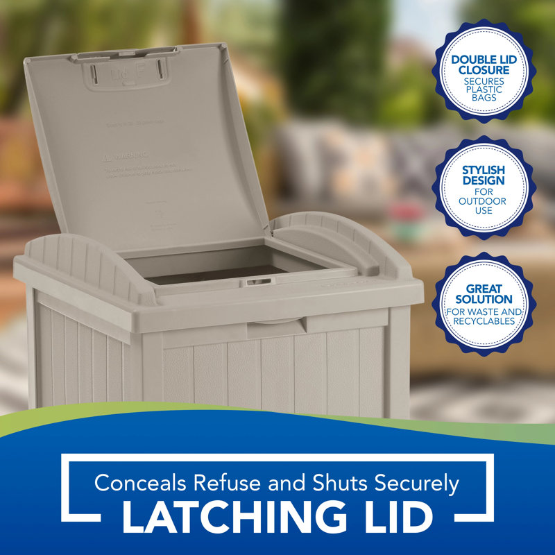 Taupe Resin Outdoor Trash Hideaway Container with Latching Lid