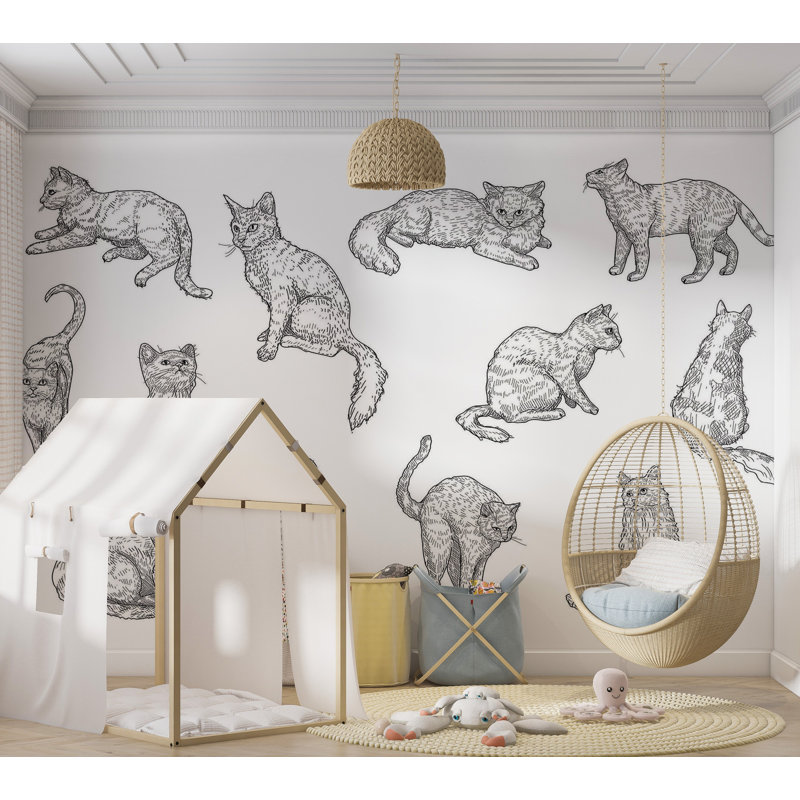 Murale pelez et collez de qualité supérieure - Croquis de chat, L 144 po x l 210 po