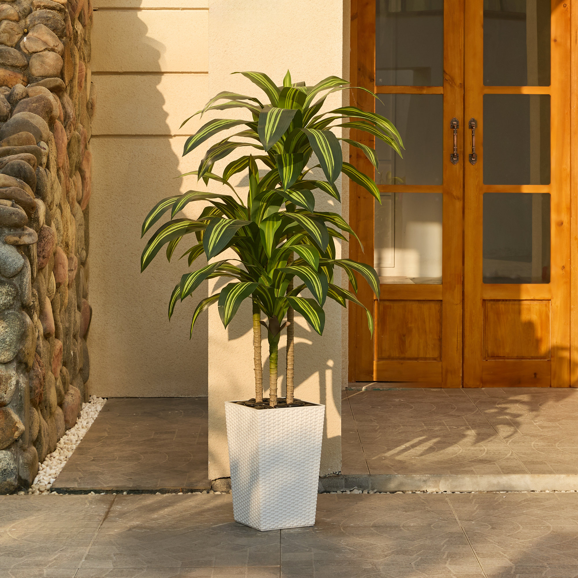 Almina UV Resistant Artificial Yellow Dracaena Tree, Faux Tree with Large Base for Indoor Outdoor, White