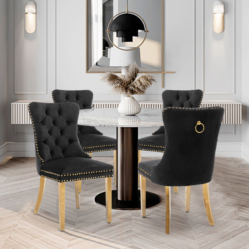 Velvet Fabric Upholstered Dining Chairs Set of 4 with Golden Legs,Black, Black, Gold