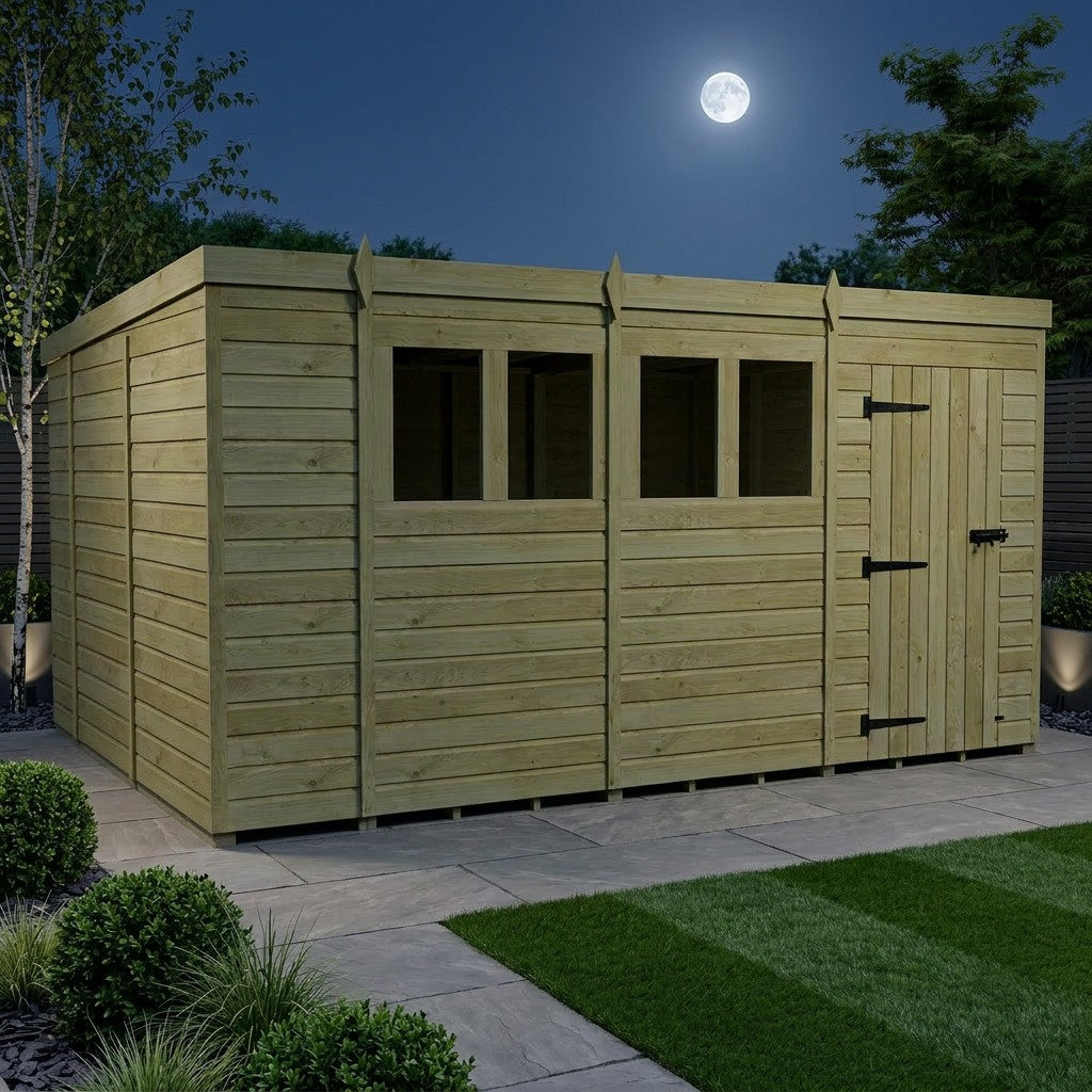 Total Sheds 14ft x 10ft Pent Garden Shed - Single Door - With Windows - Pressure Treated Timber - UK Manufactured