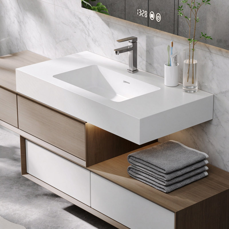 KAKUSIGA BB02-36-101, Vasque intégrée en surface solide SANS bonde ni robinet, couleur blanc brillant