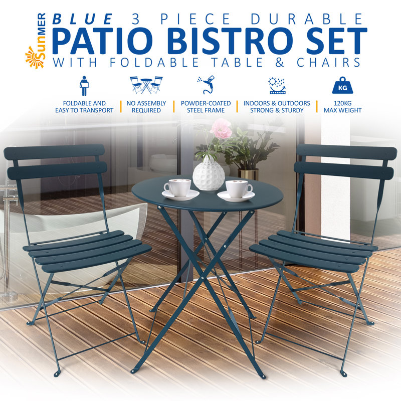 Kashayla 3-Piece Bistro Set with Foldable Table and Chairs, Blue