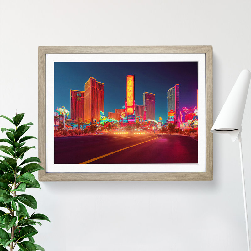 Las Vegas Skyline - Single Picture Frame Print, 46cm H x 64cm W x 2cm D, Oak