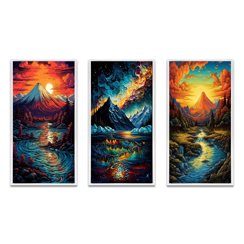 Coucher de soleil sur les montagnes enneigées, rivière japonaise II - ensemble de 3 pièces sur toile, Cadre blanc
