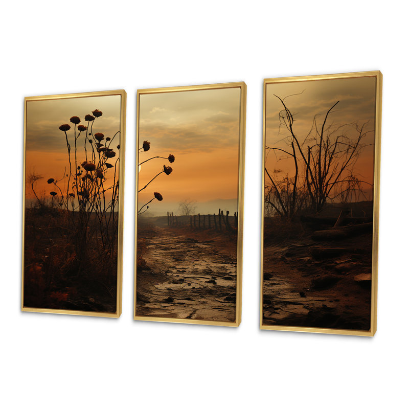 Mums Field With Sunset - Ensemble de décoration murale Mums, Cadre flottant doré, H 32 po x l 48 po x P 1 po