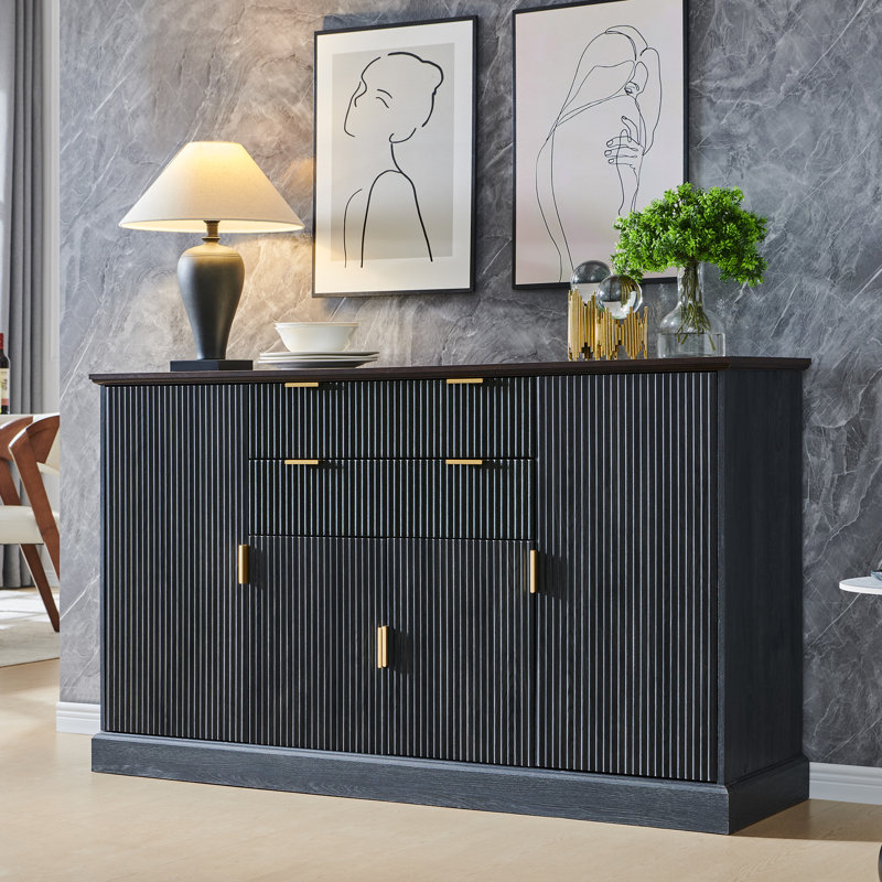 58 Inch Adjustable Shelf Side Panel Cabinet, Buffet Cabinet with Storage Compartment, Equipped with 2 Drawers and 4 Doors