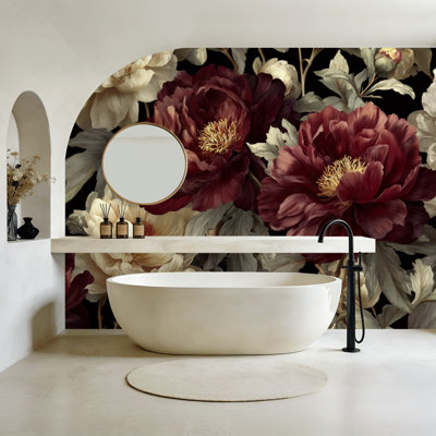 Papier peint floral à peler et coller Moody - Fleurs murales à fleurs crème noires H 100 po x l 144 po - Papier mural amovible en PVC, adhésif pour chambre à coucher, salon, bureau à domicile
