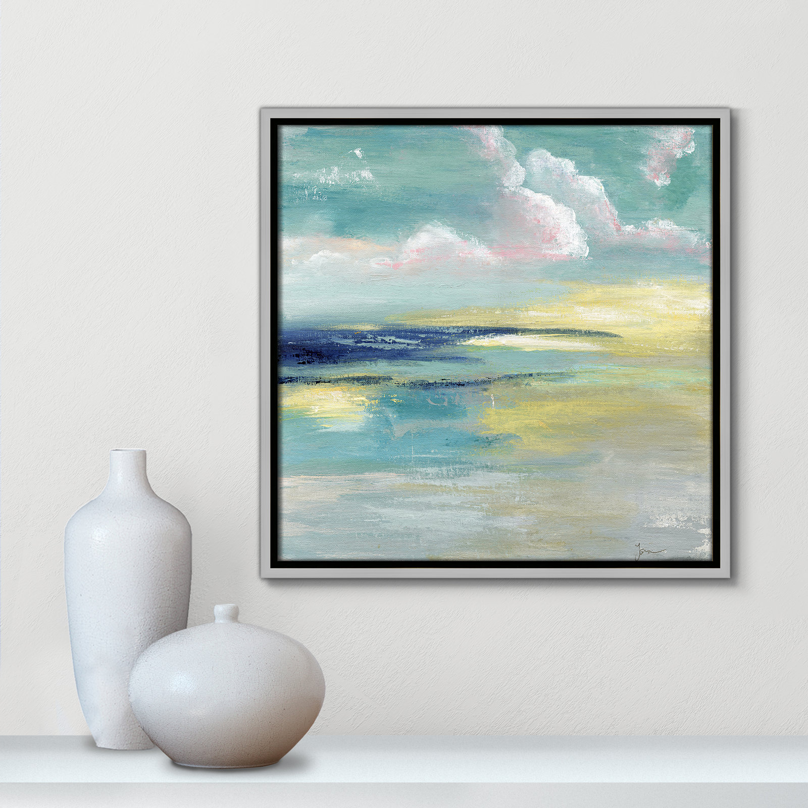 Bertie "Ocean View" Painting by Tava Studios, Silver Framed Canvas, 17.5" H x 17.5" W x 2" D