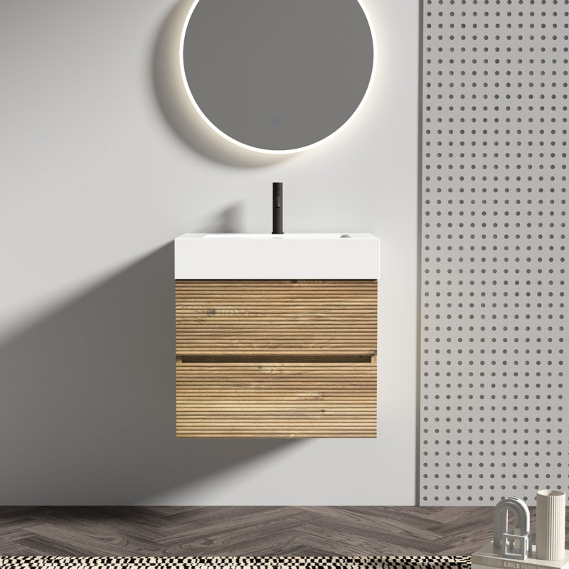 Meuble-lavabo Grace 24 en chêne brut, lavabo blanc brillant, tiroirs silencieux, finition E0, évacuation en U, profondeur 23,31 po, meuble-lavabo mural moderne, design chêne, panneaux doubles E1, fermeture amortie