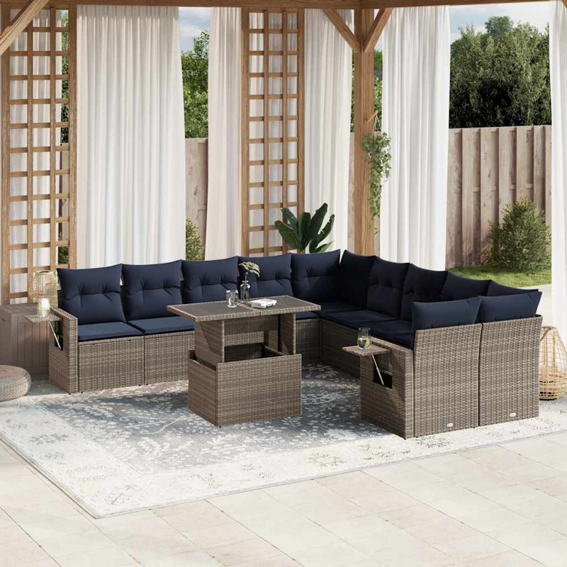  Ensemble de canapé de patio 11 pièces avec coussins en rotin de polyester gris, Marine, Gris