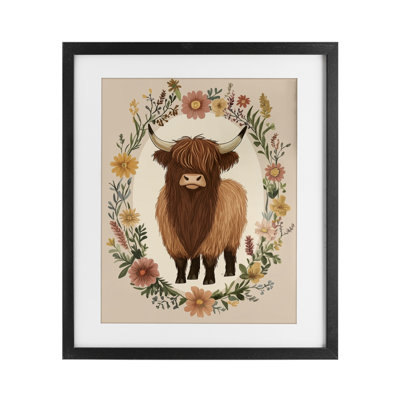 Cutesy Floral Highland Cow Framed Print Under Glass, design by Petal Prints Design