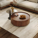2-Piece Modern Round Nesting Coffee Table Set with 8mm Tempered Glass Top & Dual Storage Drawers - Space-Saving Walnut Wood Accent Tables for Living Room, Home Office