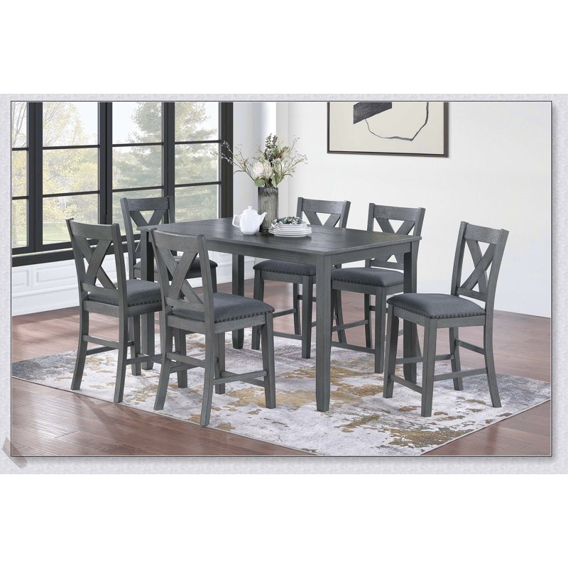 Table de salle à manger à hauteur de comptoir grise de style moderne avec 6 chaises rembourrées à têtes de clou en X, parfaite pour les maisons contemporaines.