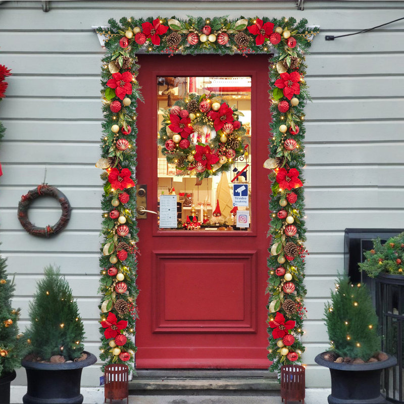 Guirlande de Noël 6 pieds avec lumières et boules en or rouge pour foyer