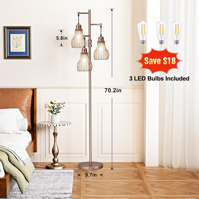 Dimmable Floor Lamps, Industrial Tree Standing Tall Lamps With 3 Elegant Cage Shade & 800 Lumens Led Bulbs, Brown