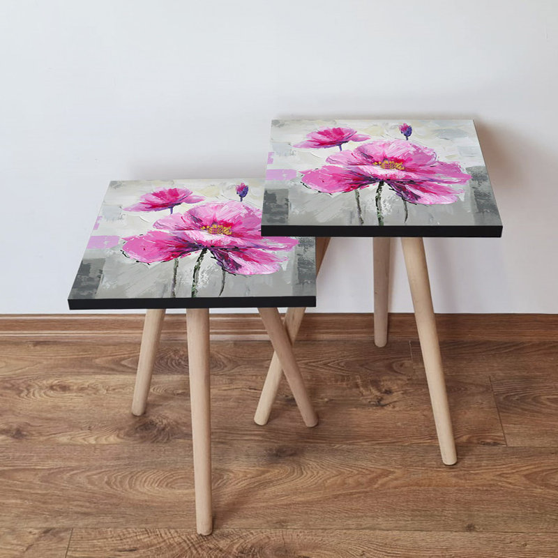 High-Quality Nesting Table Set (2 Pieces), Pink, Purple, Yellow & Grey | 100% MDF with Beech Wood Legs | Bigger Table: 13.8 x 18.5 x 13.8 inches, Smaller Table: 13.8 x 16.5 x 13.8 inches | Stylish Impressionist Floral Design for Modern Living Spaces