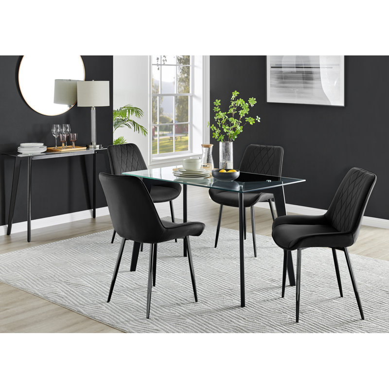 Scandinavian Dining Table Set - Minimalist Style Glass and Metal Leg with 4 Luxury Dining Chairs, Black, Black/Black