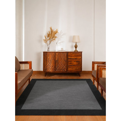 Tapis carré en laine écologique noué à la main - 3 m x 3 m | Noir anthracite | Design contemporain | Tapis de salon
