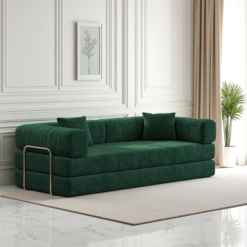 Boneless 78" King-Size Sleeper Sofa Bed Convertible Compression Couch Bed Corduroy Floor Couch With 2 Pillows, Dark Green
